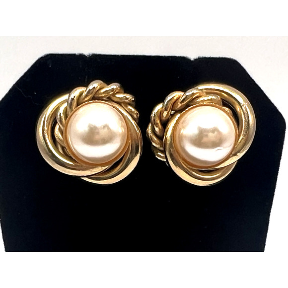 Vintage Faux Pearl 1980s Gold Tone Earrings - Picture 2 of 3